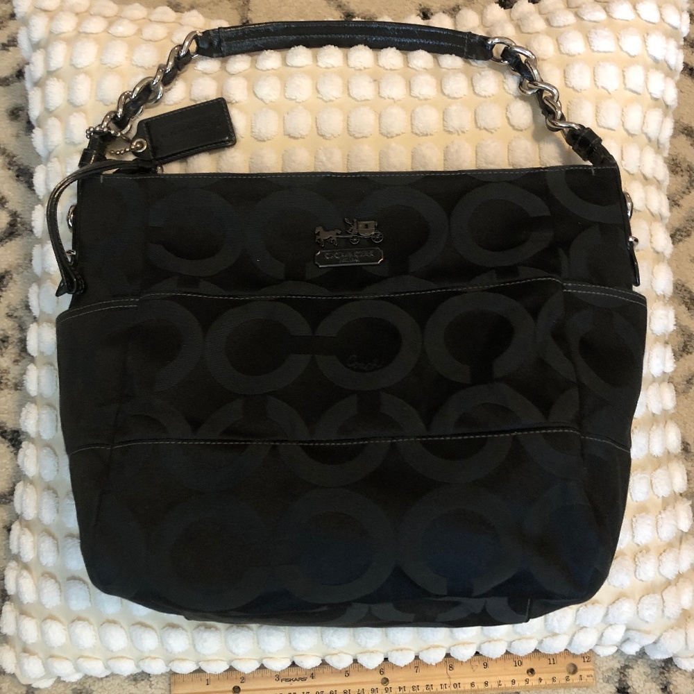*** Coach *** Signature Collection Black Tribeca Canvas and Leather Shoulder Bag